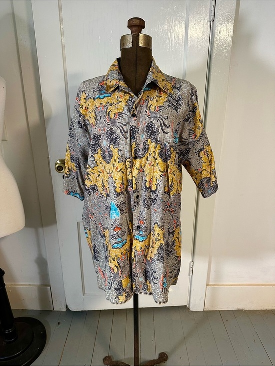 Vintage Other - Vintage Multicolor Batik 40s 50s Short Sleeve Polo - Yellow, Gray, Blue Accents